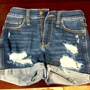 Hollister, curvy high-rise dark wash distressed denim shorts 3”